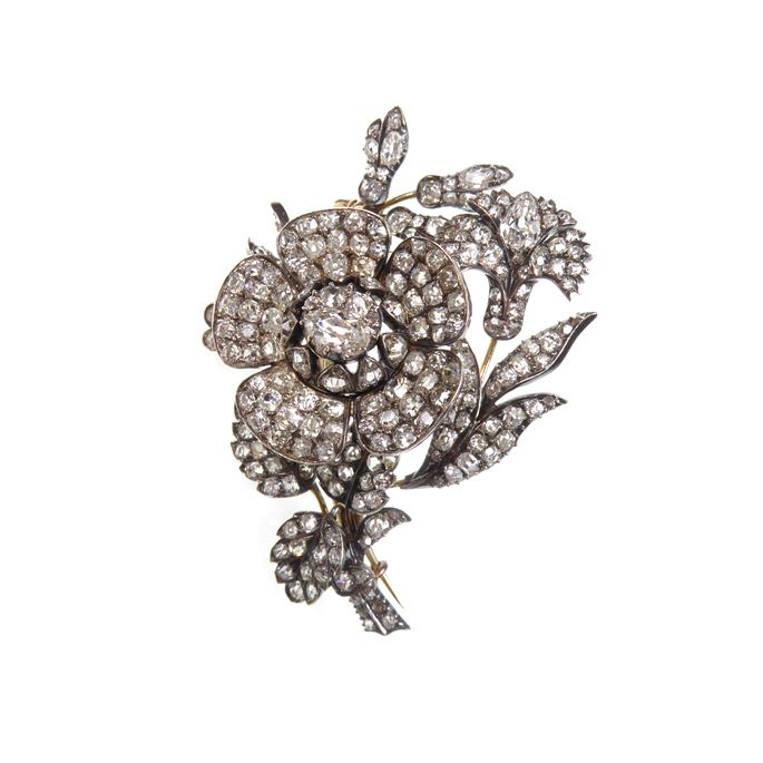 Diamond tremblant floral spray brooch with a stylised rose and carnation | MasterArt